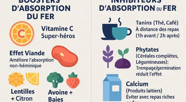 Boosters et inhibiteurs d'absorption du fer : vitamine C, viande, lentilles, avoine, baies, tanins, phytates, calcium. Le fer héminique est mieux absorbé.