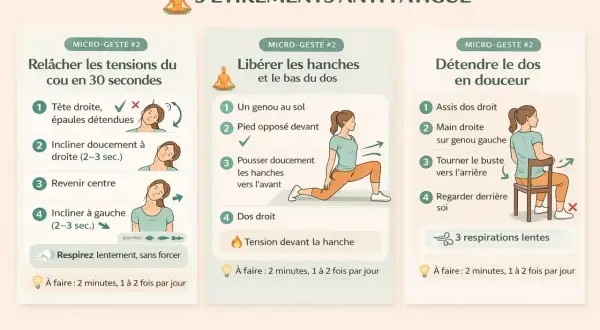 3 étirements pour comment ne plus être fatigué en 5 minutes : relâcher le cou, libérer les hanches et détendre le dos.
