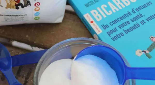 Bicarbonate de soude : un concentré d'astuces pour votre santé, votre beauté et votre digestion. Une cuillère bleue remplit de poudre blanche.