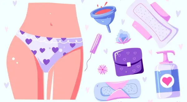 Illustration d'articles d'hygiène féminine, incluant une culotte, tampons, serviettes, coupe menstruelle et savon. Ces éléments symbolisent le soin de la flore vaginale.