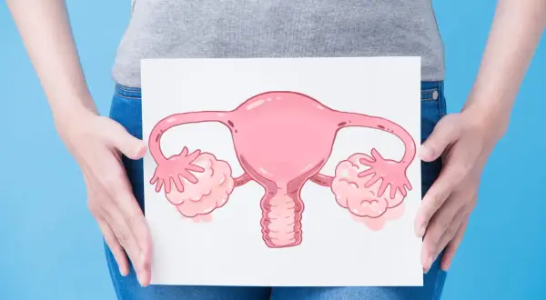 Une femme tient une illustration d'organes reproducteurs féminins, symbolisant peut-être une mycose ou des douleurs aux ovaires.