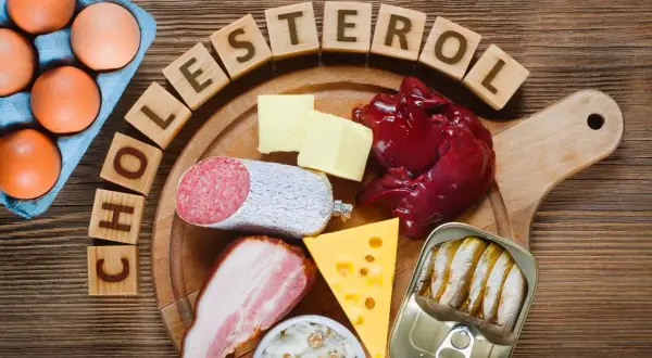 Œufs, beurre, foie, saucisson, lard, fromage, sardines en conserve et dés en bois formant le mot "cholestérol". Ces aliments sont riches en graisse saturée.