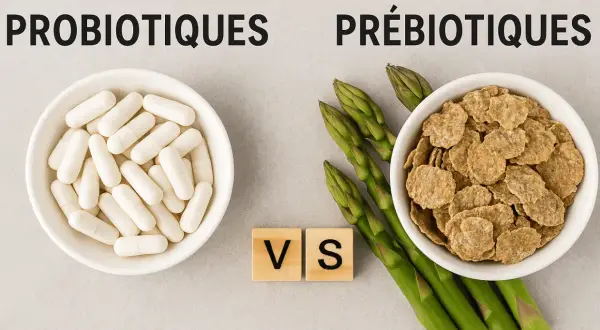 Probiotiques en gélules face à des asperges et des céréales, symbolisant le débat entre probiotique et prébiotique pour une flore intestinale saine.