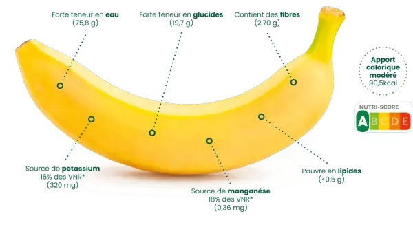Une banane jaune, riche en eau, glucides et fibres, source de potassium et manganèse, avec un apport calorique modéré et un Nutri-Score A.