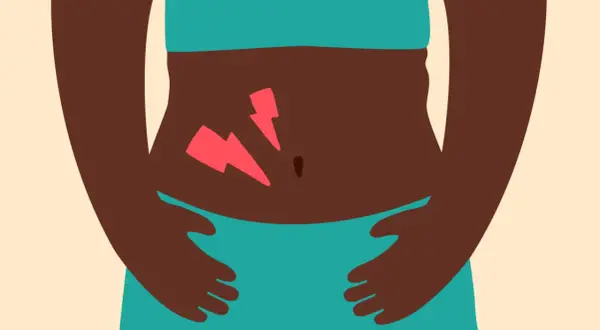Douleur abdominale, peut-être là où se trouve le foie. Une personne tient son ventre, des éclairs rouges symbolisent la douleur.