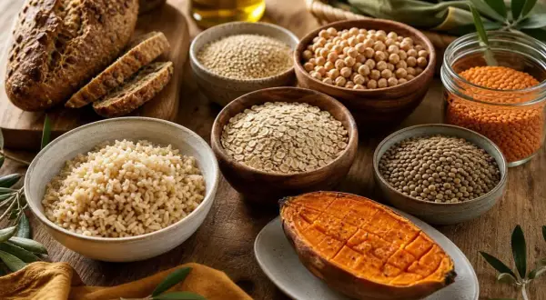Assortiment de céréales, légumineuses et patate douce. Une aide visuelle pour votre liste des glucides à éviter.