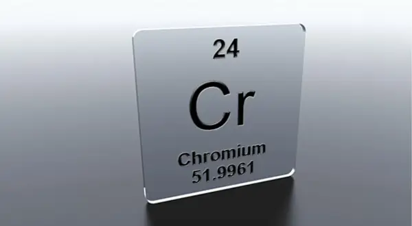 Plaque métallique "Chromium" (Cr), numéro atomique 24. Attention aux effets secondaires des compléments alimentaires à base de chrome.