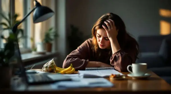 Une jeune femme, accablée par un coup de fatigue soudain, se tient la tête devant ses documents. Bananes et café à proximité.