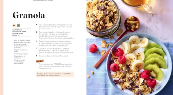 Granola maison aux flocons d'avoine, idéal pour un petit-déjeuner réconfortant et adapté à l'intestin irritable. Servi avec des fruits frais.