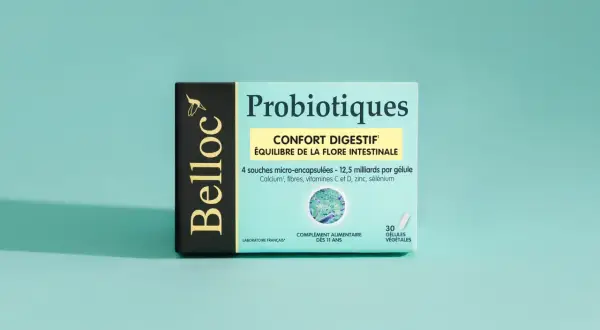 Boîte de probiotiques Belloc pour le confort digestif et l'équilibre de la flore intestinale, aidant à lutter contre la dysbiose intestinale. 30 gélules végétales.