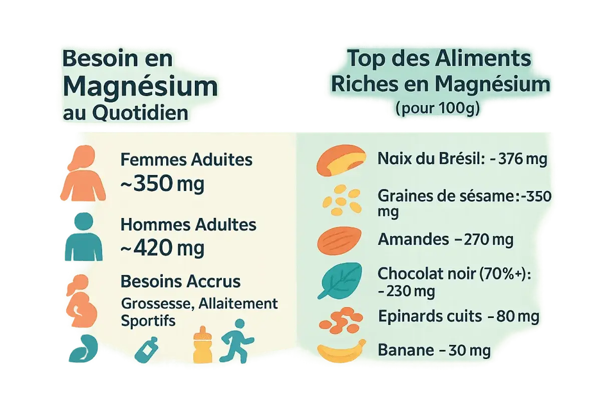 Apport magnesium : besoins quotidiens pour femmes et hommes, et aliments riches comme les noix du Brésil, amandes, épinards.
