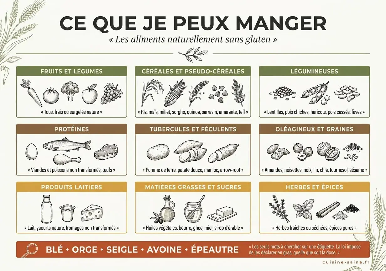 Guide pour manger sans gluten : fruits, légumes, viandes, poissons, œufs, produits laitiers, légumineuses, tubercules, oléagineux, graines, herbes et épices.