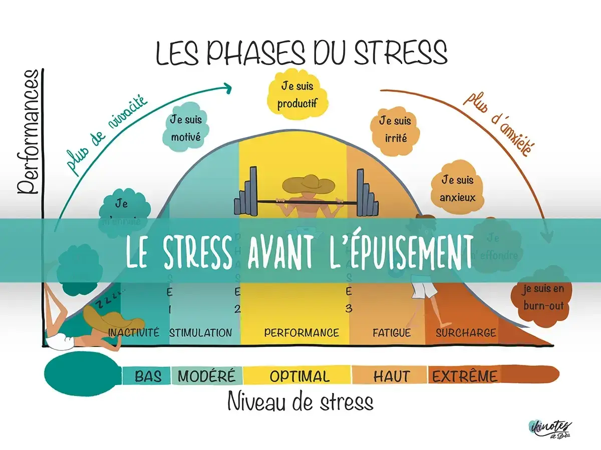 Graphique illustrant les phases du stress, de l'inactivité au burn-out. Comprendre ces étapes aide à savoir comment soigner le stress avant l'épuisement.