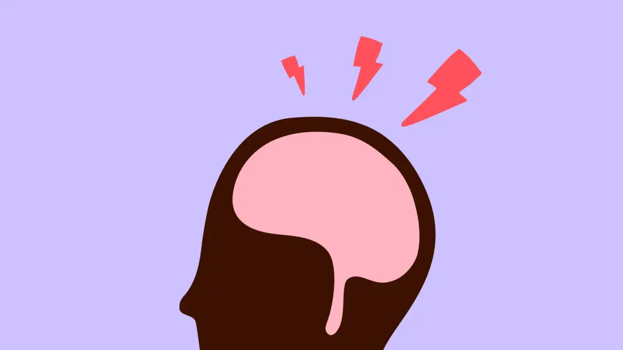 Silhouette d'une tête avec un cerveau rose et des éclairs rouges symbolisant des maux de tête.
