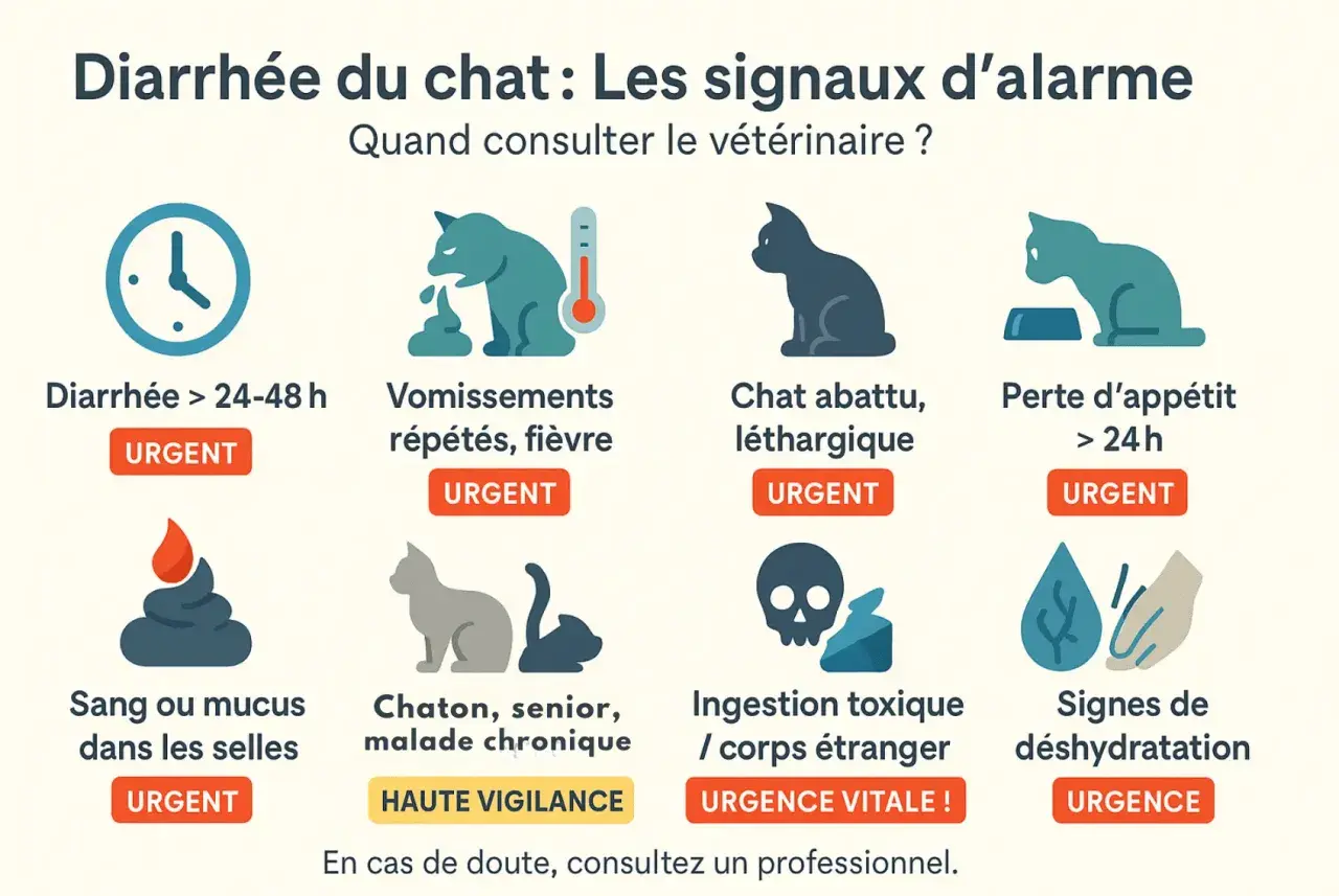 Signes d'alerte pour la diarrhée du chat : vomissements, perte d'appétit, léthargie, sang, ingestion toxique, déshydratation. Une diarrhée fulgurante nécessite une consultation vétérinaire immédiate.