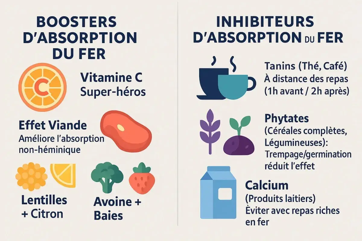 Boosters et inhibiteurs d'absorption du fer : vitamine C, viande, lentilles, avoine, baies, tanins, phytates, calcium. Le fer héminique est mieux absorbé.