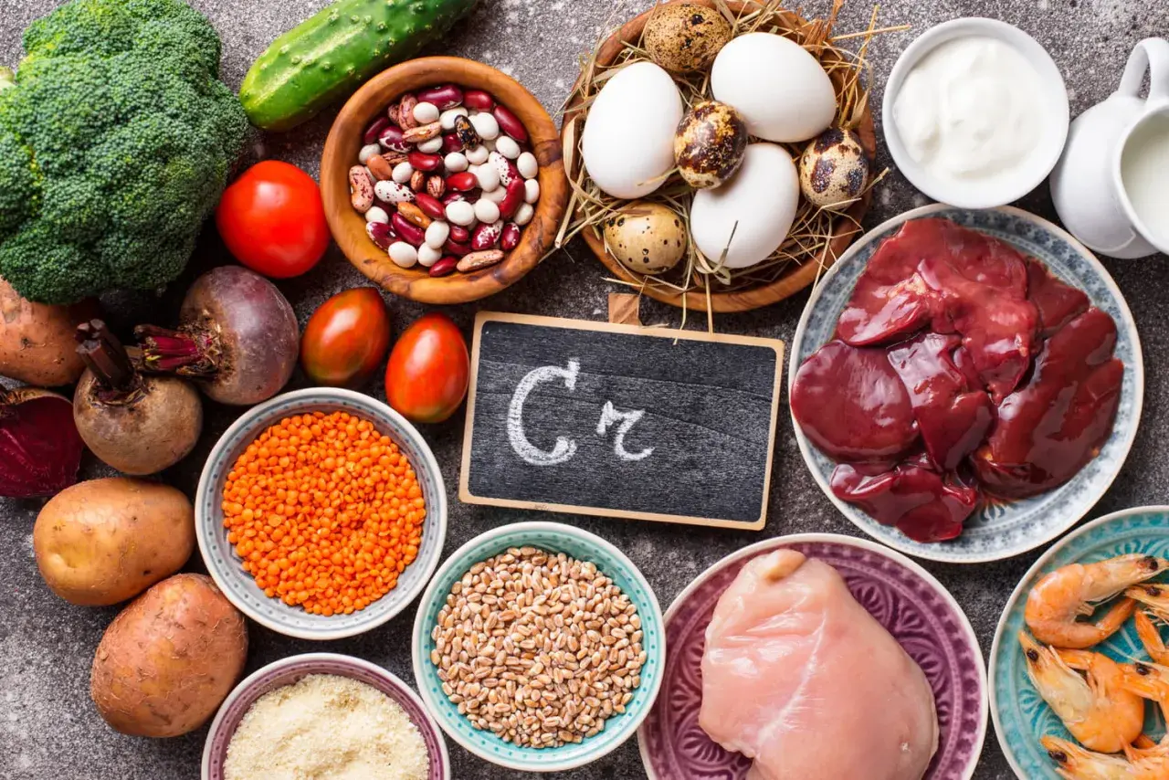 Assiette de foie, poulet, crevettes, œufs, lentilles, haricots, brocolis, tomates, betteraves, pommes de terre, concombre, et un tableau noir avec "Cr" pour les chrome bienfaits.