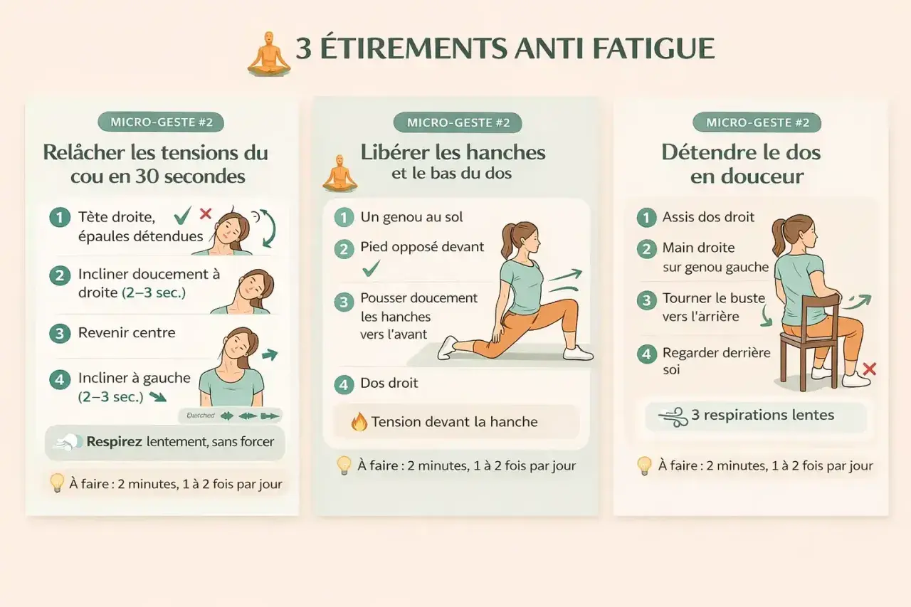 3 étirements pour comment ne plus être fatigué en 5 minutes : relâcher le cou, libérer les hanches et détendre le dos.