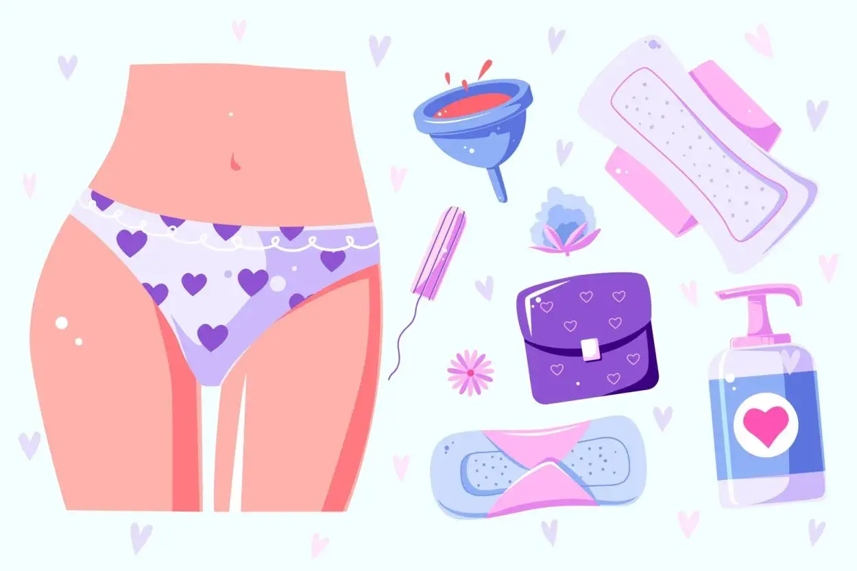 Illustration d'articles d'hygiène féminine, incluant une culotte, tampons, serviettes, coupe menstruelle et savon. Ces éléments symbolisent le soin de la flore vaginale.
