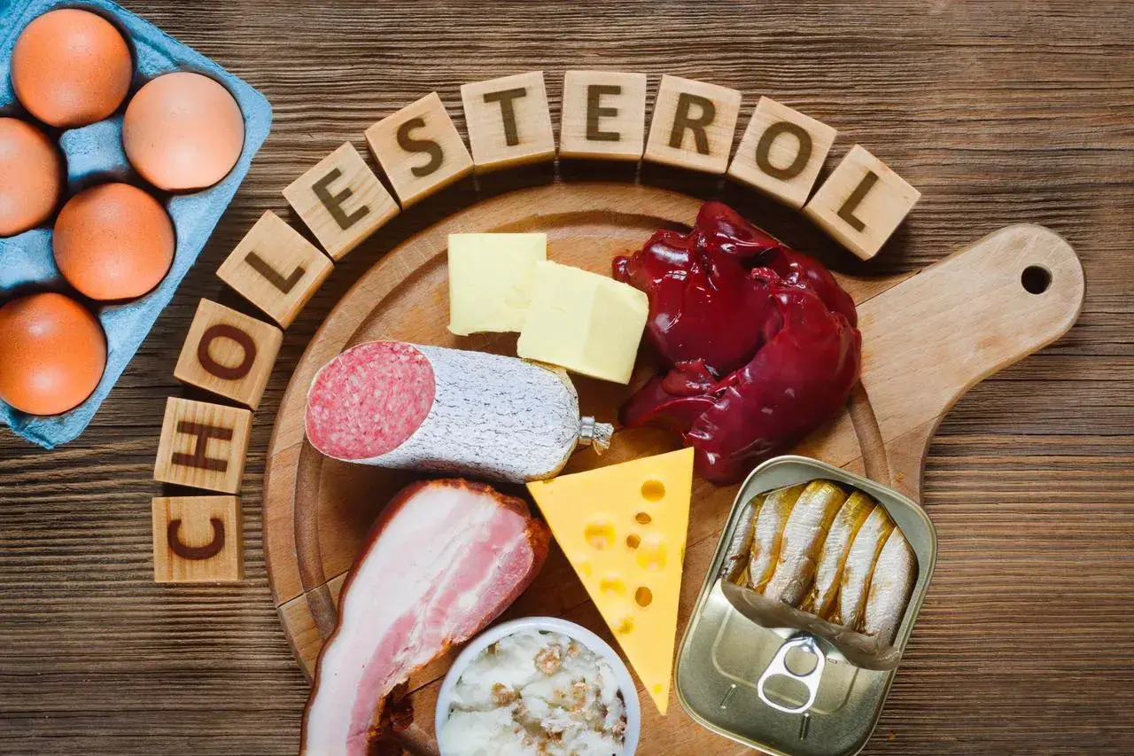 Œufs, beurre, foie, saucisson, lard, fromage, sardines en conserve et dés en bois formant le mot "cholestérol". Ces aliments sont riches en graisse saturée.