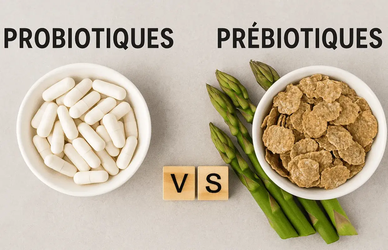 Probiotiques en gélules face à des asperges et des céréales, symbolisant le débat entre probiotique et prébiotique pour une flore intestinale saine.