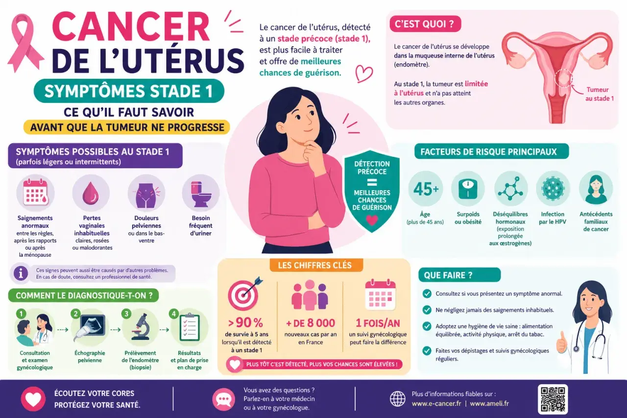 Cancer de l'utérus : symptômes précoces, facteurs de risque et diagnostic. Une **lésion utérus** au stade 1 est plus facile à traiter.