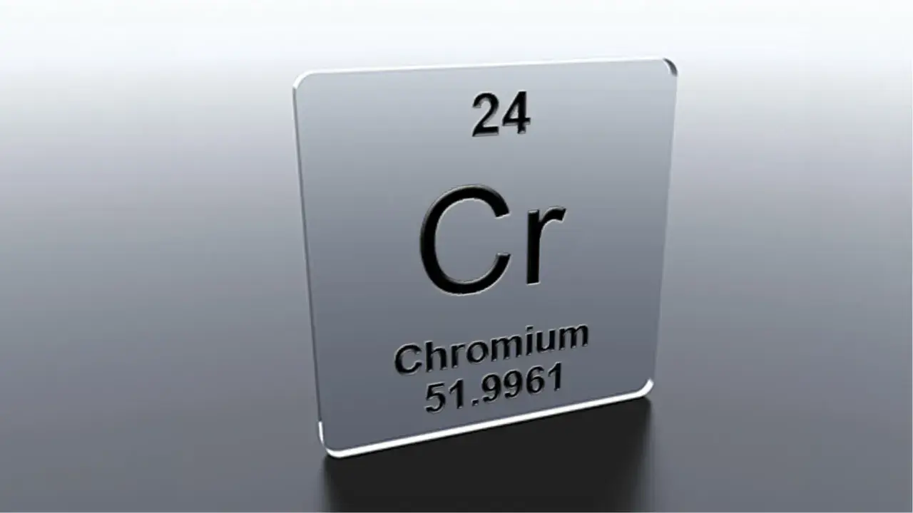 Plaque métallique "Chromium" (Cr), numéro atomique 24. Attention aux effets secondaires des compléments alimentaires à base de chrome.