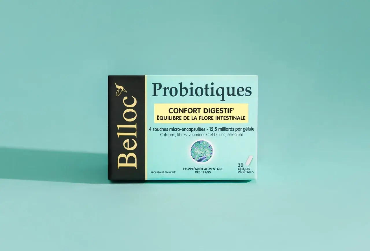 Boîte de probiotiques Belloc pour le confort digestif et l'équilibre de la flore intestinale, aidant à lutter contre la dysbiose intestinale. 30 gélules végétales.