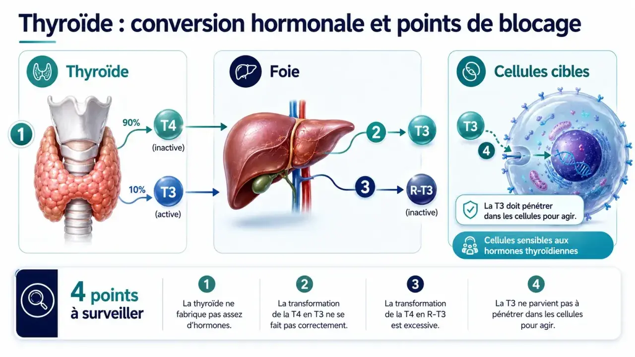 Schéma de la conversion hormonale thyroïdienne. L'iode est essentiel aux bienfaits de la thyroïde, permettant la transformation de T4 en T3 active pour les cellules.