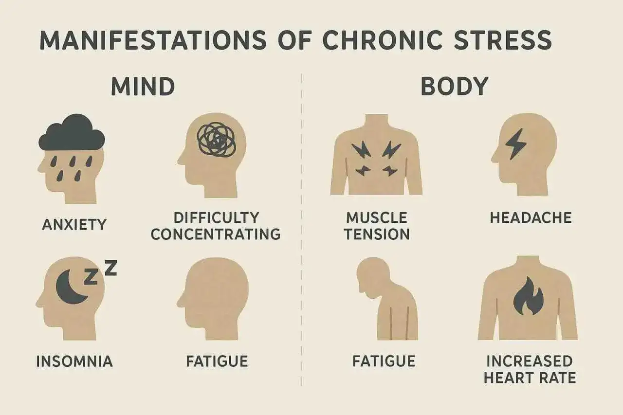 Manifestations du stress chronique : anxiété, difficulté à se concentrer, insomnie, fatigue extrême cause. Corps : tension musculaire, maux de tête, fatigue, rythme cardiaque accéléré.