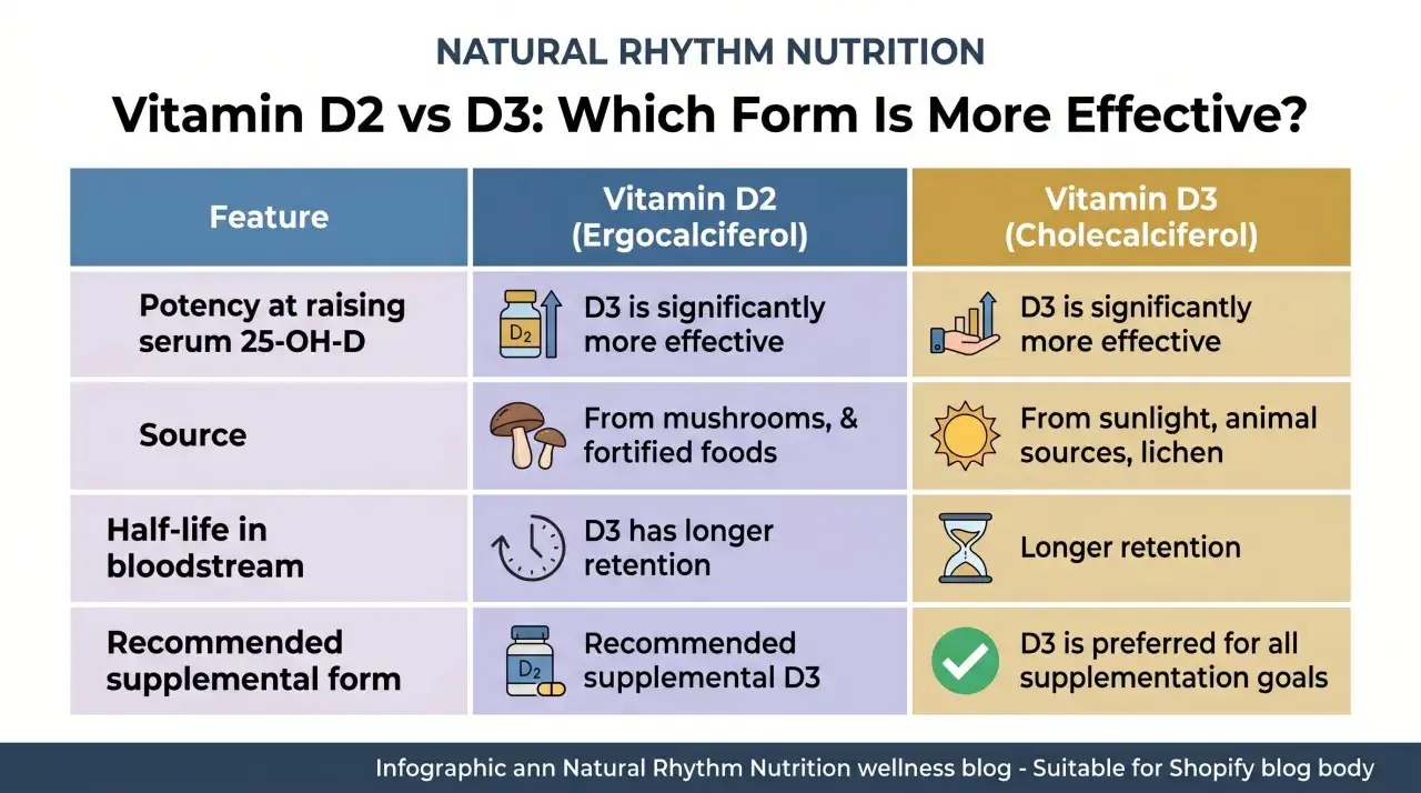 Tableau comparatif : différence entre vitamine D et D3. La D3 est plus efficace, issue du soleil/animaux, et préférée pour la supplémentation.