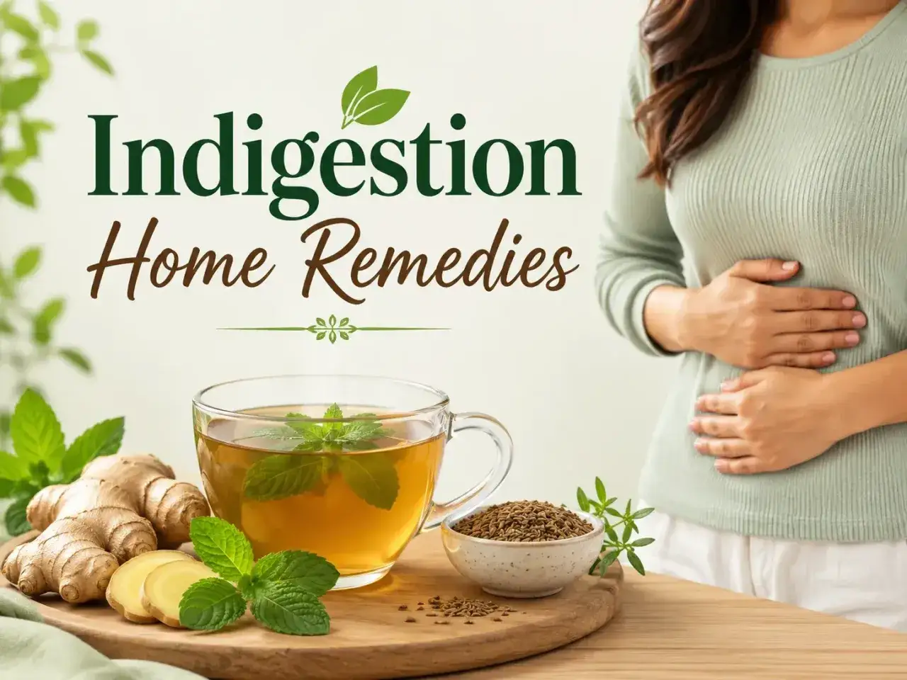 Infusion de gingembre et menthe, remède grand-mère pour digestion difficile. Une femme tient son ventre.