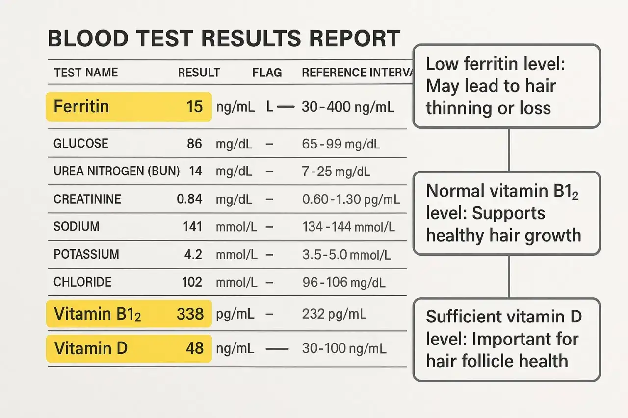 R&eacute;sultats d'analyse sanguine : faible ferritine (15 ng/mL) peut causer perte de cheveux. Vitamine B12 et D normales, bonnes pour la sant&eacute; capillaire.