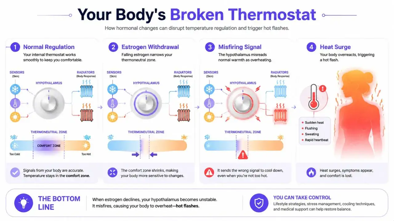 Schéma expliquant comment la baisse d'œstrogènes perturbe le thermostat interne, provoquant des bouffées de chaleur prémenopause.