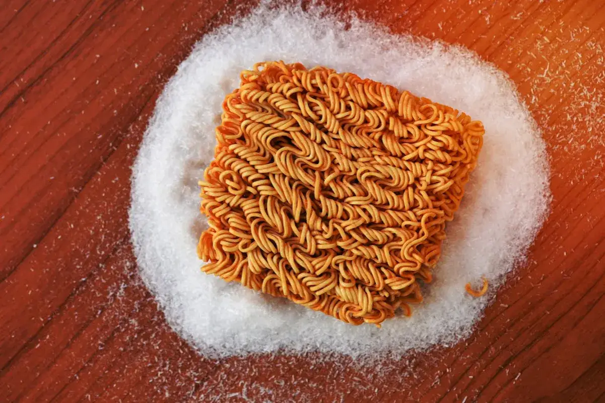 Un bloc de nouilles instantanées sur un tas de cristaux blancs, évoquant le goût umami du glutamate monosodique.