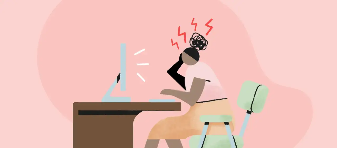 Une personne au bureau, la main sur la tête, souffrant de maux de tête intenses, avec des éclairs rouges au-dessus de son crâne.