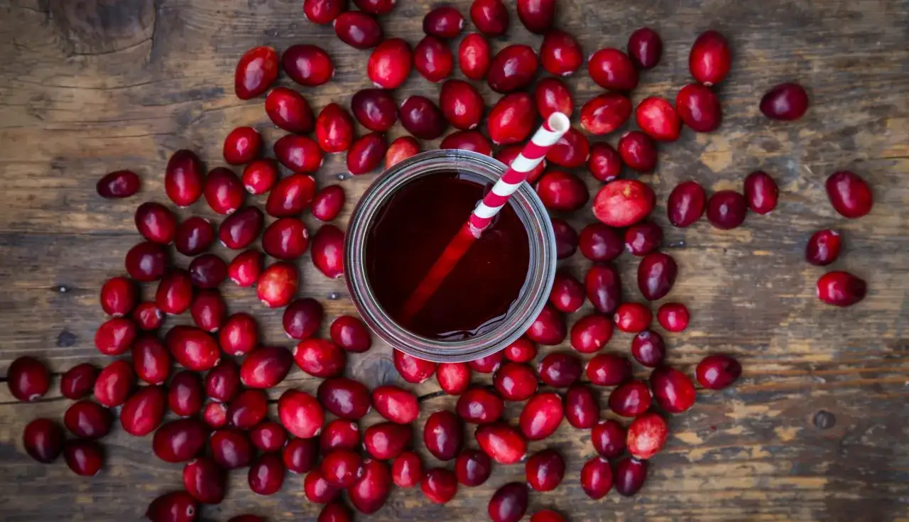 Un verre de jus de cranberry rouge vif, entouré de baies fraîches. Est-ce que le cranberry fait uriner ? Cette boisson pourrait bien vous le dire !