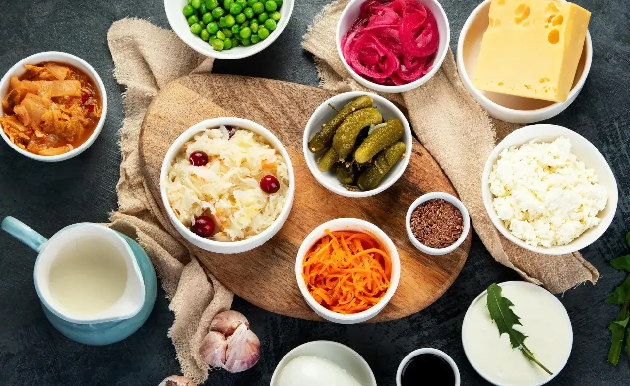 Assortiment de légumes fermentés, fromages et graines. Un festin de probiotique et prébiotique pour la santé intestinale.