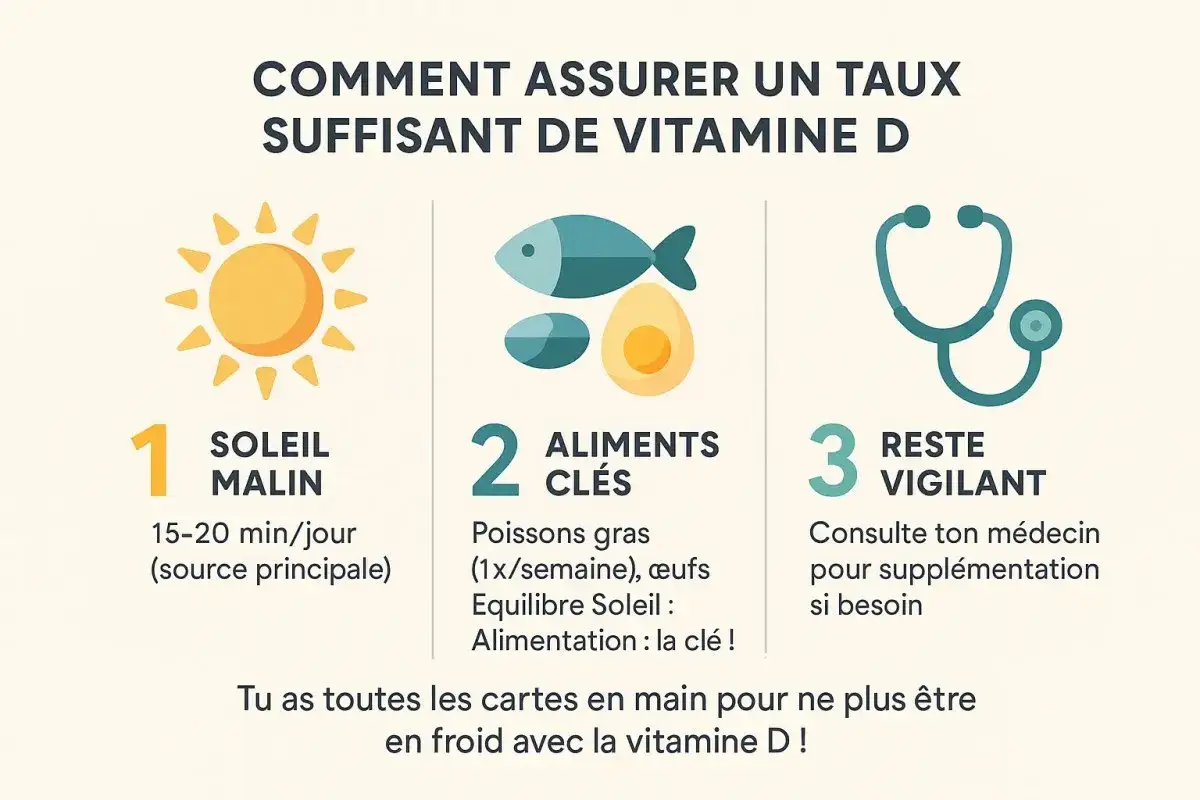 Soleil, aliments et médecin : comment assurer un taux suffisant de vitamine D. Le soleil est la source principale, complétée par poissons gras et œufs.