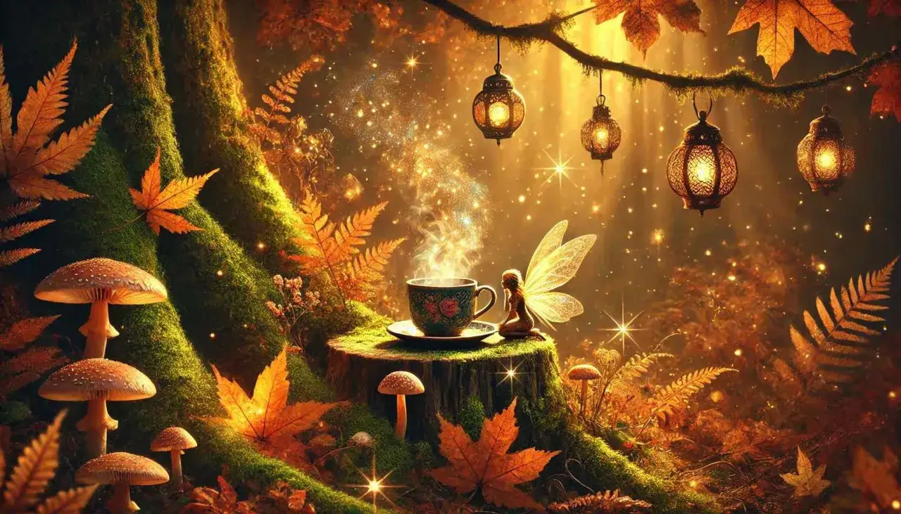 Une fée sirote une tasse de thé fumante, entourée de champignons et de feuilles d'automne. Un moment magique pour retrouver de l'énergie.