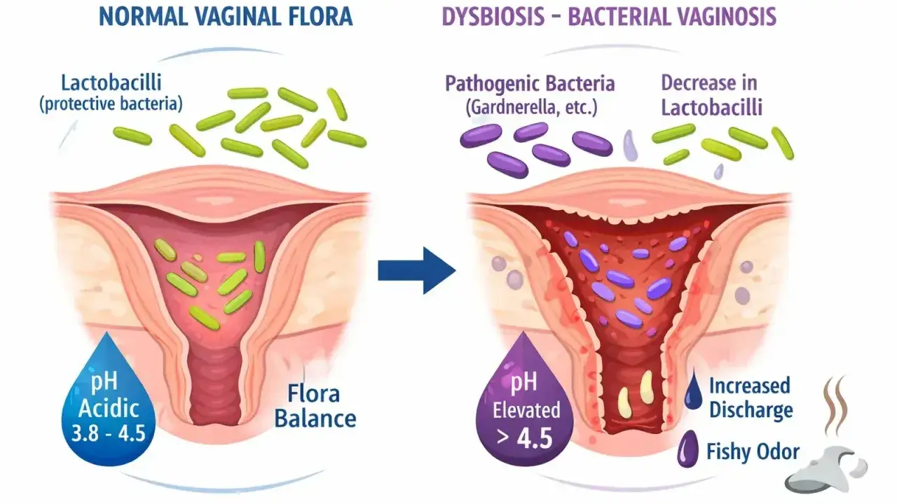 Illustration comparant la flore vaginale normale (lactobacilles) à la dysbiose (bactéries pathogènes), montrant l'importance de restaurer la flore vaginale pour l'équilibre.