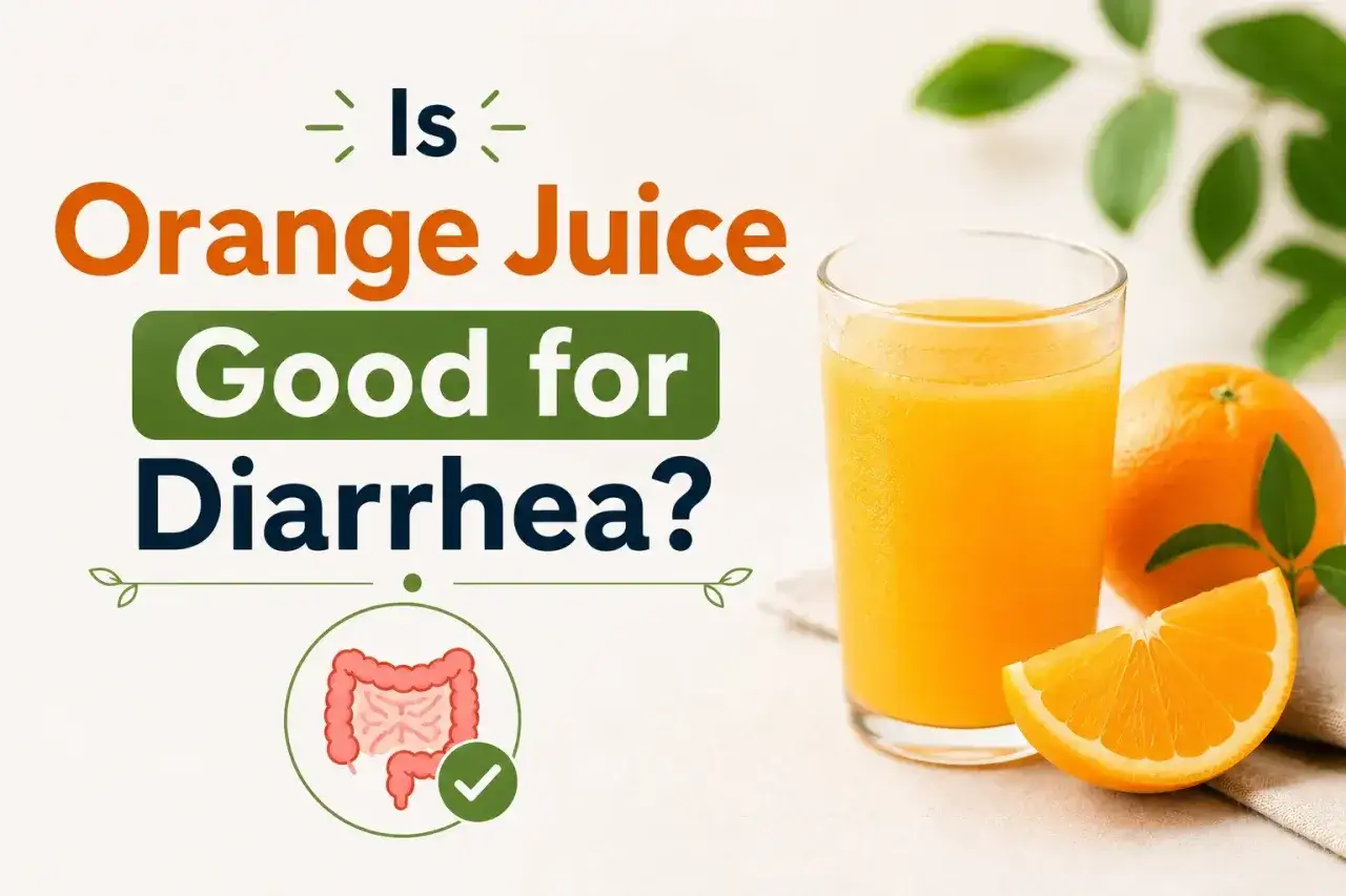 Le jus d'orange est-il bon pour la diarrhée ? Illustration d'un verre de jus d'orange, d'oranges et d'un schéma intestinal.