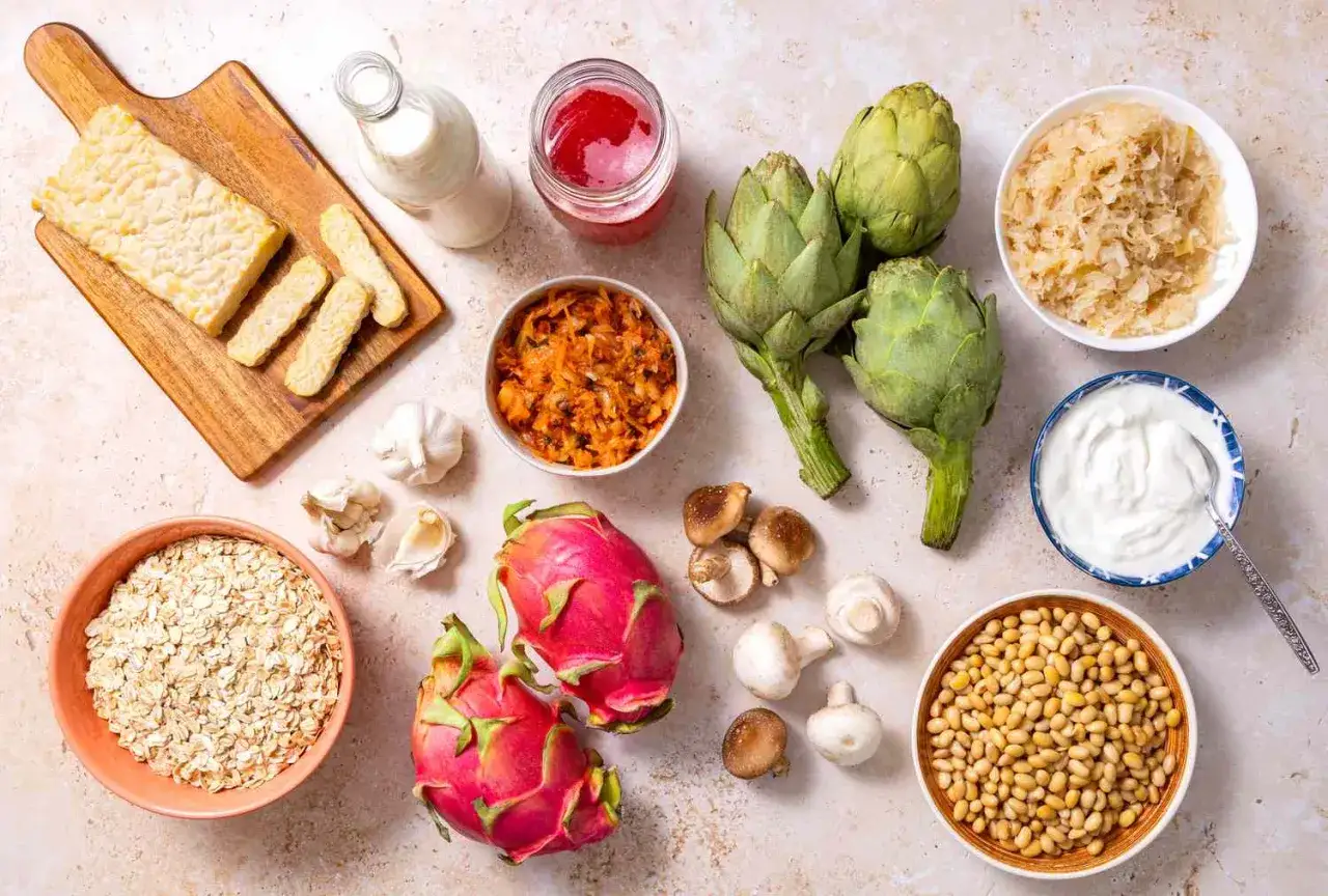 Aliments fermentés et probiotiques : tempeh, yaourt, choucroute, kimchi, kéfir, pour lutter contre la dysbiose intestinale.