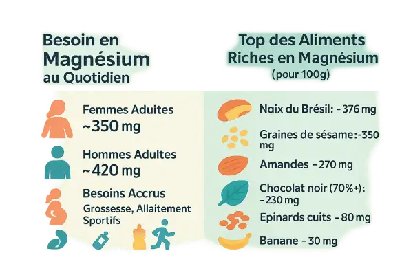 Apport magnesium : besoins quotidiens pour femmes et hommes, et aliments riches comme les noix du Brésil, amandes, épinards.