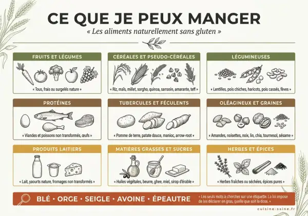Guide pour manger sans gluten : fruits, légumes, viandes, poissons, œufs, produits laitiers, légumineuses, tubercules, oléagineux, graines, herbes et épices.