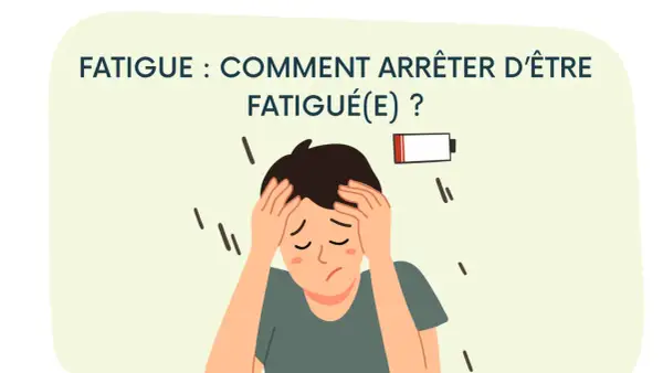 Un jeune homme se tient la tête, l'air épuisé. Une batterie faible symbolise sa fatigue extrême cause.