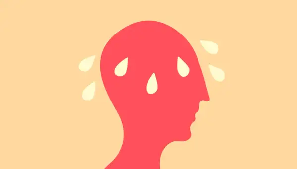 Silhouette rouge d'une tête transpirant, symbolisant les bouffées de chaleur et la fatigue intense.