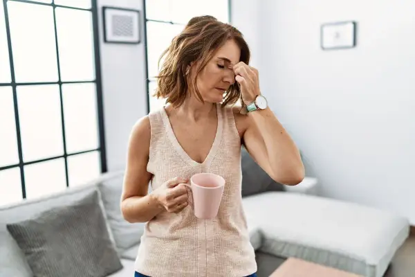 Une femme se tient la tête, une tasse à la main, le regard perdu. Que peut cacher une grande fatigue ?