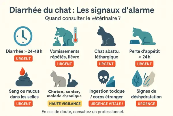 Signes d'alerte pour la diarrhée du chat : vomissements, perte d'appétit, léthargie, sang, ingestion toxique, déshydratation. Une diarrhée fulgurante nécessite une consultation vétérinaire immédiate.
