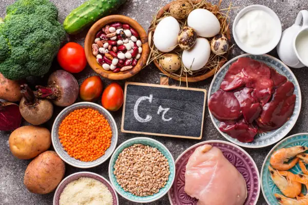 Assiette de foie, poulet, crevettes, œufs, lentilles, haricots, brocolis, tomates, betteraves, pommes de terre, concombre, et un tableau noir avec "Cr" pour les chrome bienfaits.